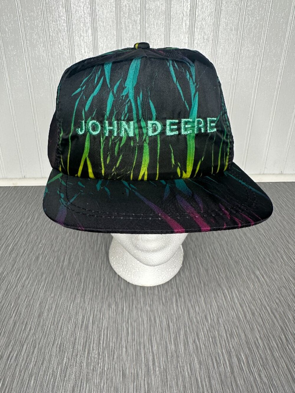 John Deere K Products Vintage 90's Black Nylon Multi Colored Snap Back Hat